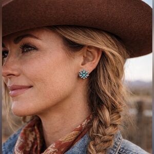 Vintage Sterling Silver and Petit Point Turquoise Star Screw Back Earrings